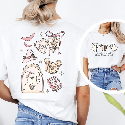 GIRLIE PUMPKIN GHOST TRICK OR TREAT DOWN MAIN STREET DOUBLE SIDED T.SHIRT
