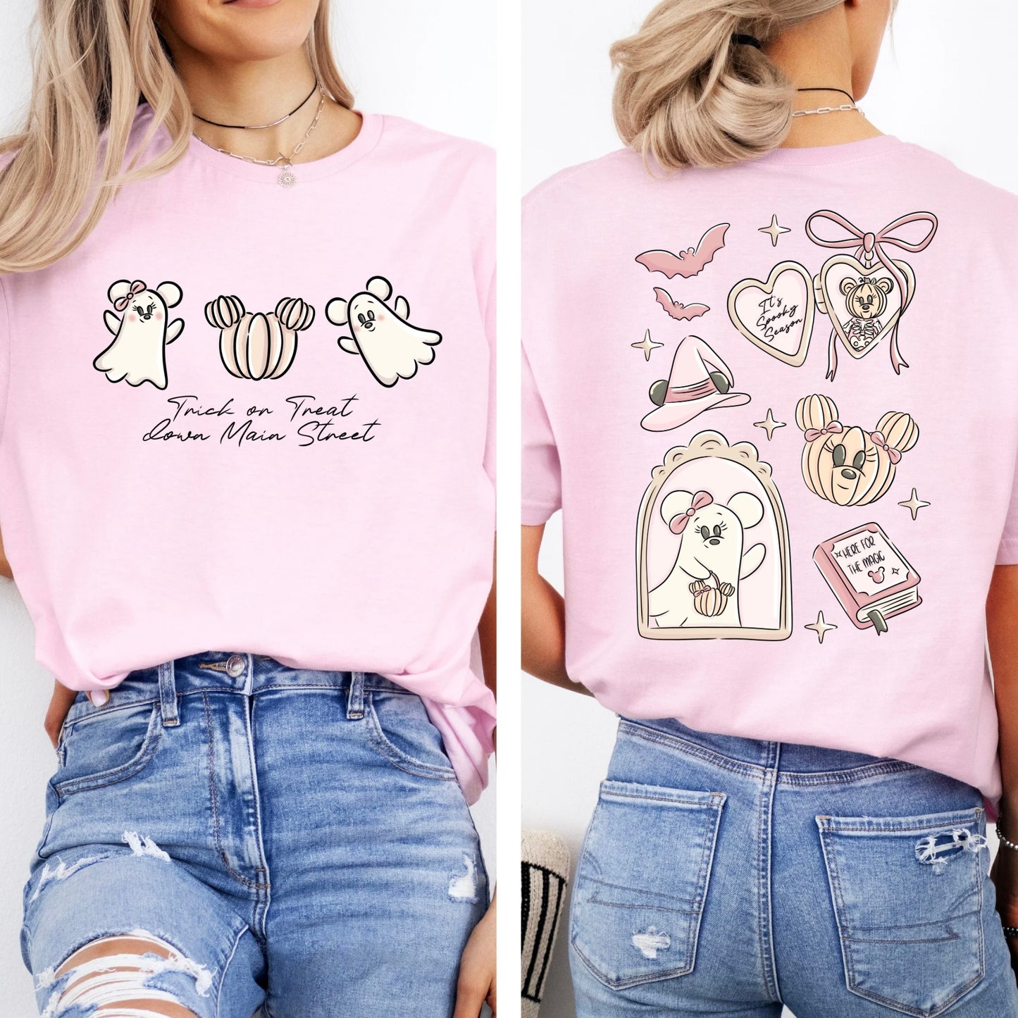 GIRLIE PUMPKIN GHOST TRICK OR TREAT DOWN MAIN STREET DOUBLE SIDED T.SHIRT