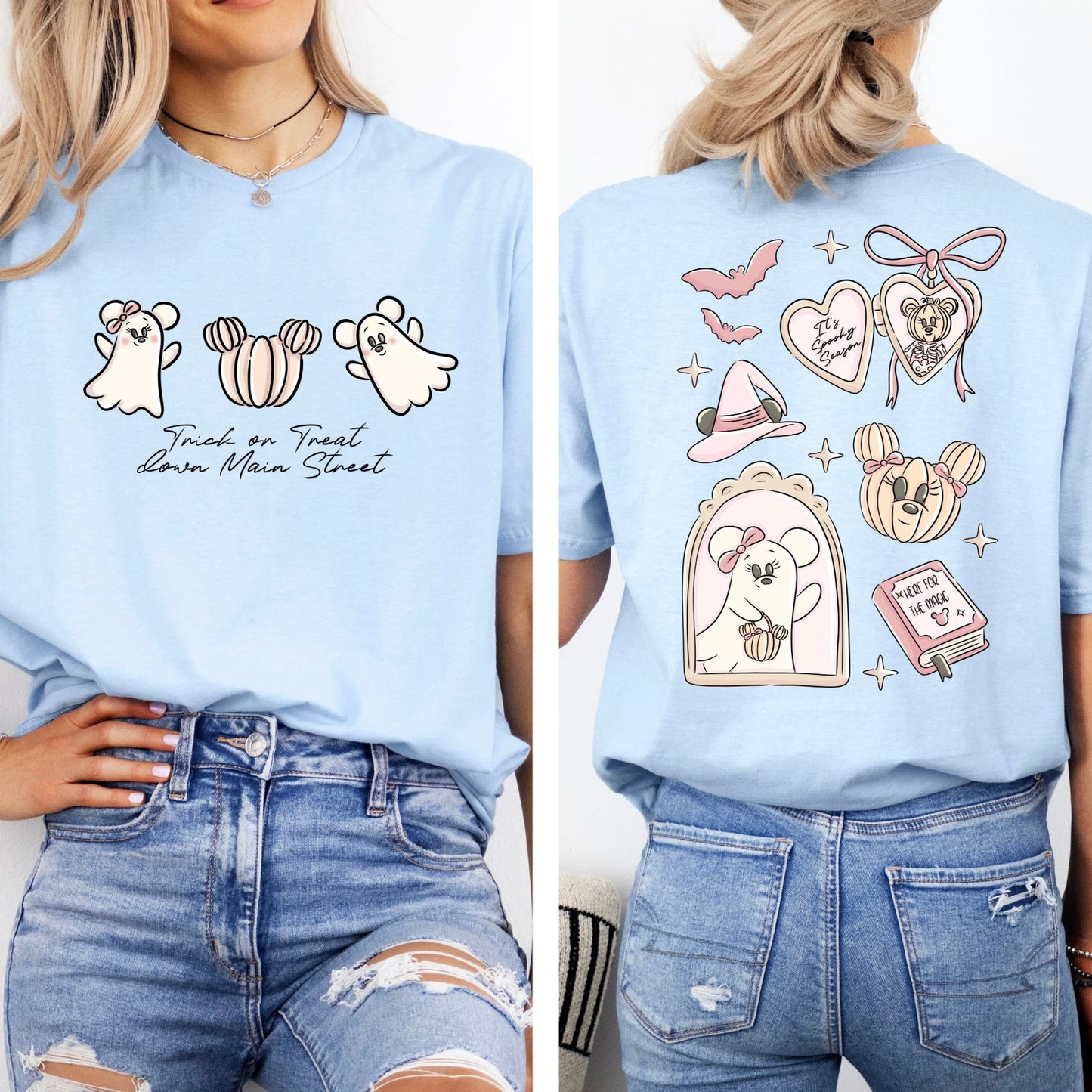 GIRLIE PUMPKIN GHOST TRICK OR TREAT DOWN MAIN STREET DOUBLE SIDED T.SHIRT